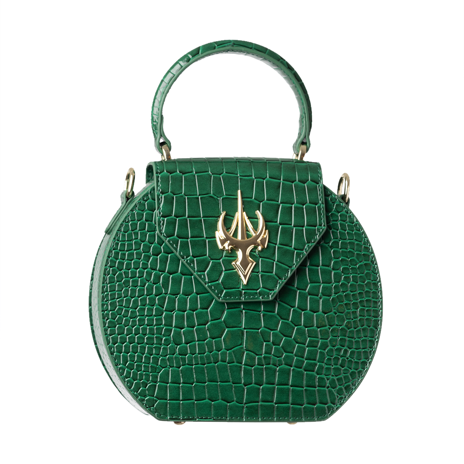 Round Classic Bag in Croc-Embossed Green Leather