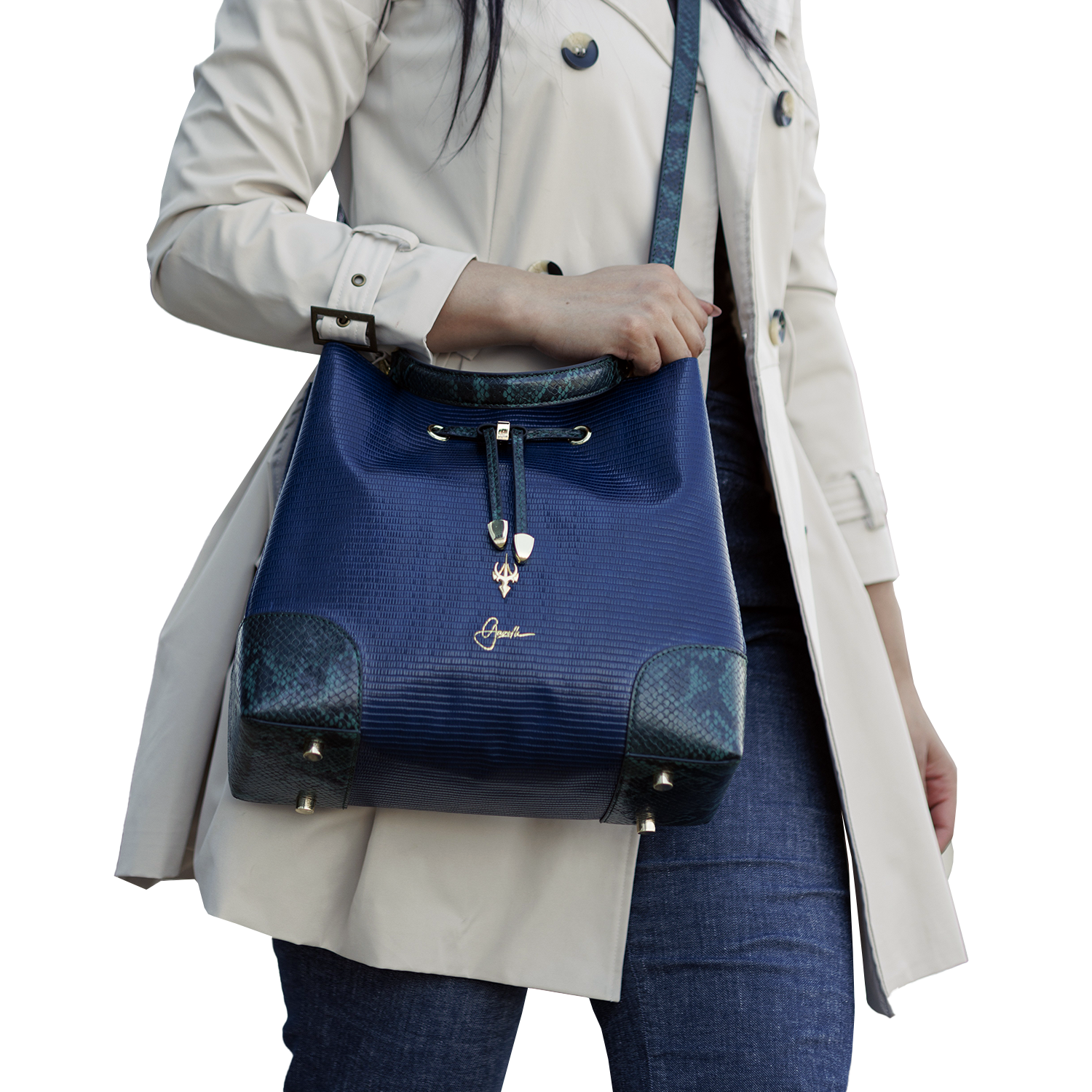 Bucket Bag in Green & Navy Blue