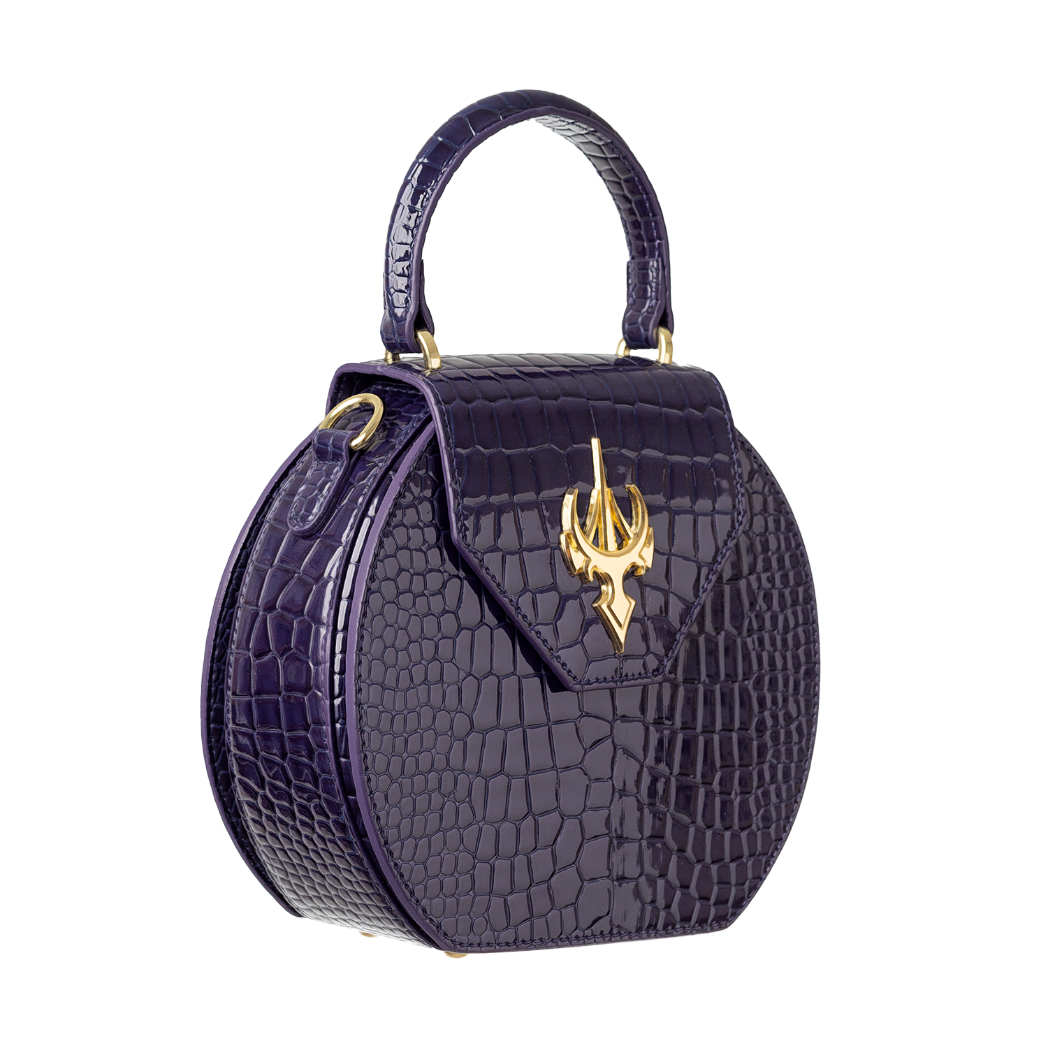 حقيبة كلاسيكية مستديرة من الجلد الأرجواني بنقشة جلد التمساح