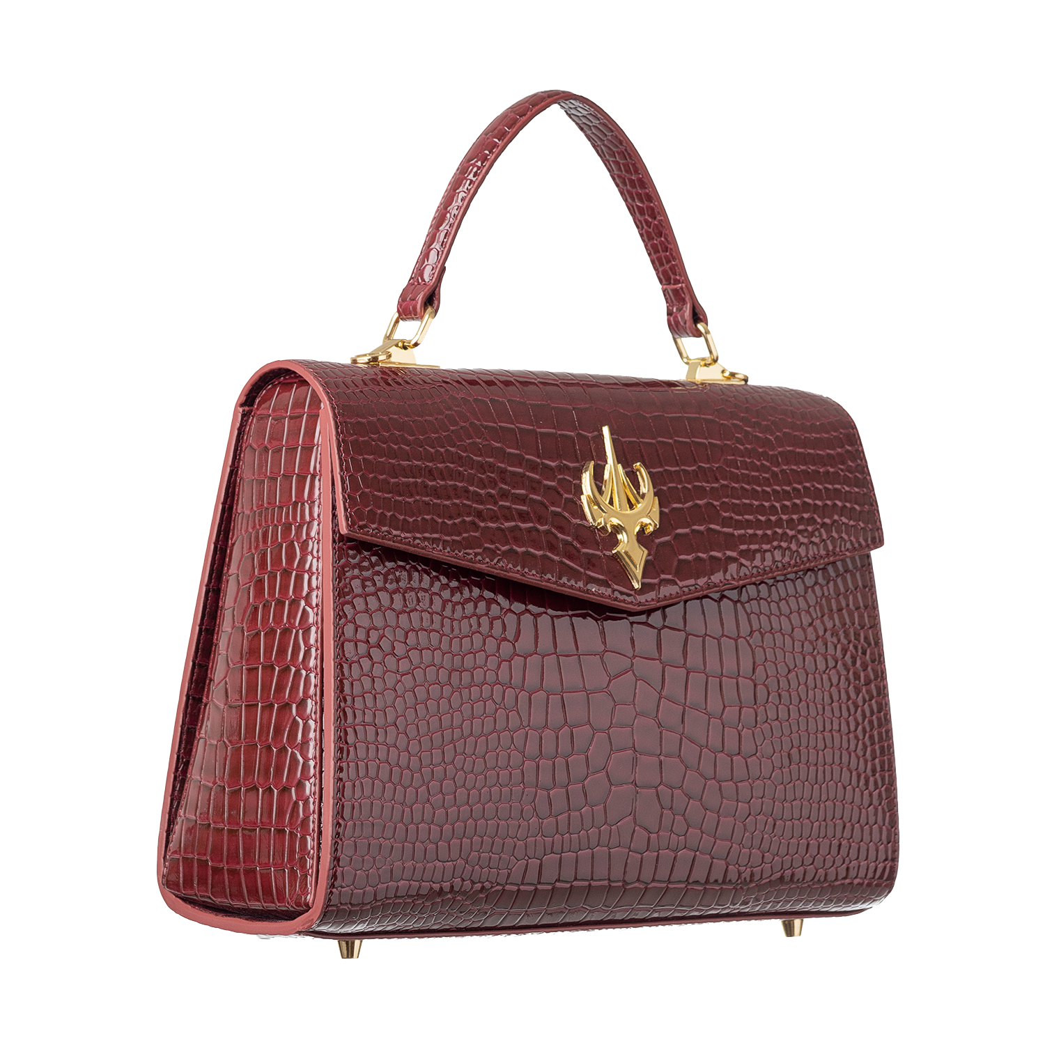 حقيبة كلاسيكية مستطيلة الشكل من الجلد بنقشة جلد التمساح باللون العنابي