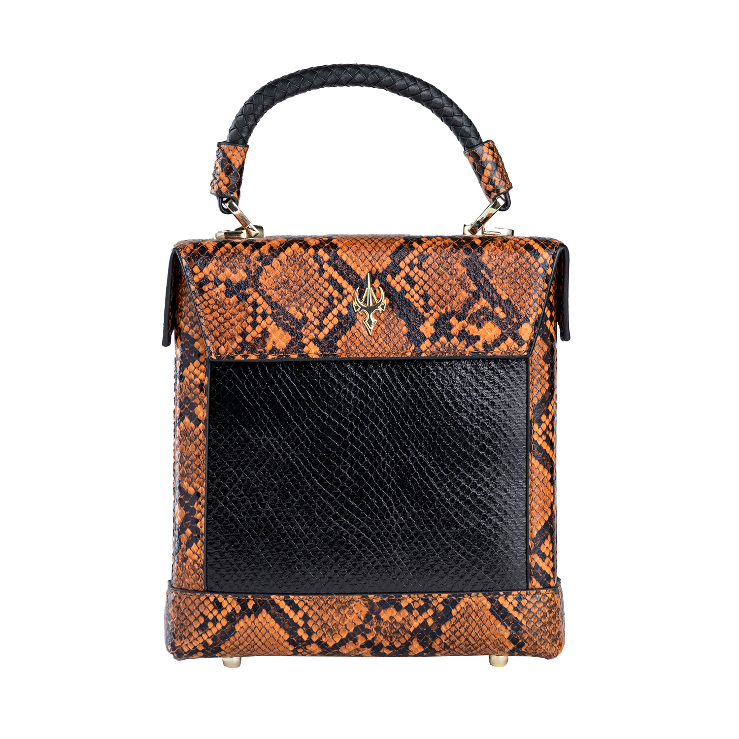 حقيبة بوكس من جلد الثعبان الأسود والبرتقالي