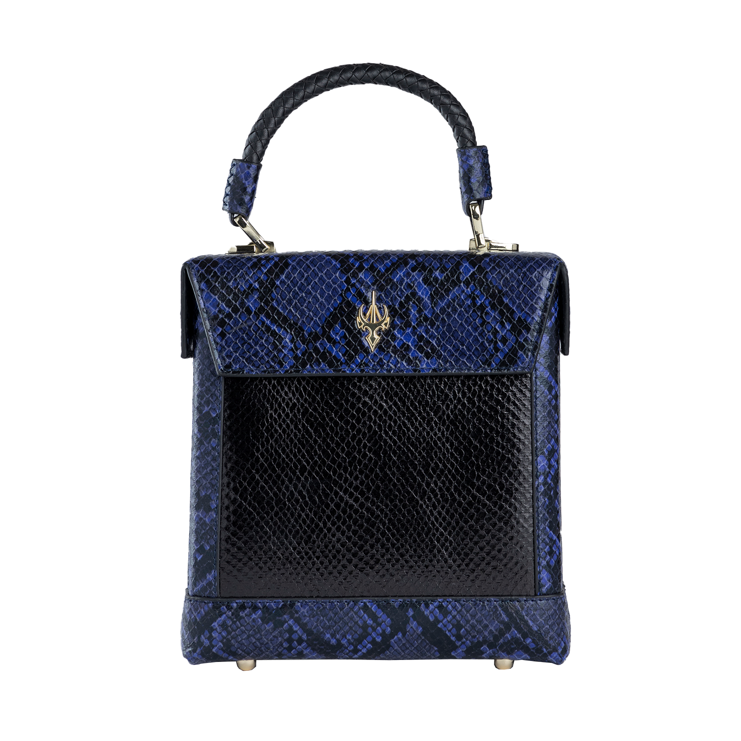 حقيبة بوكس من جلد الثعبان الأسود والأزرق الداكن