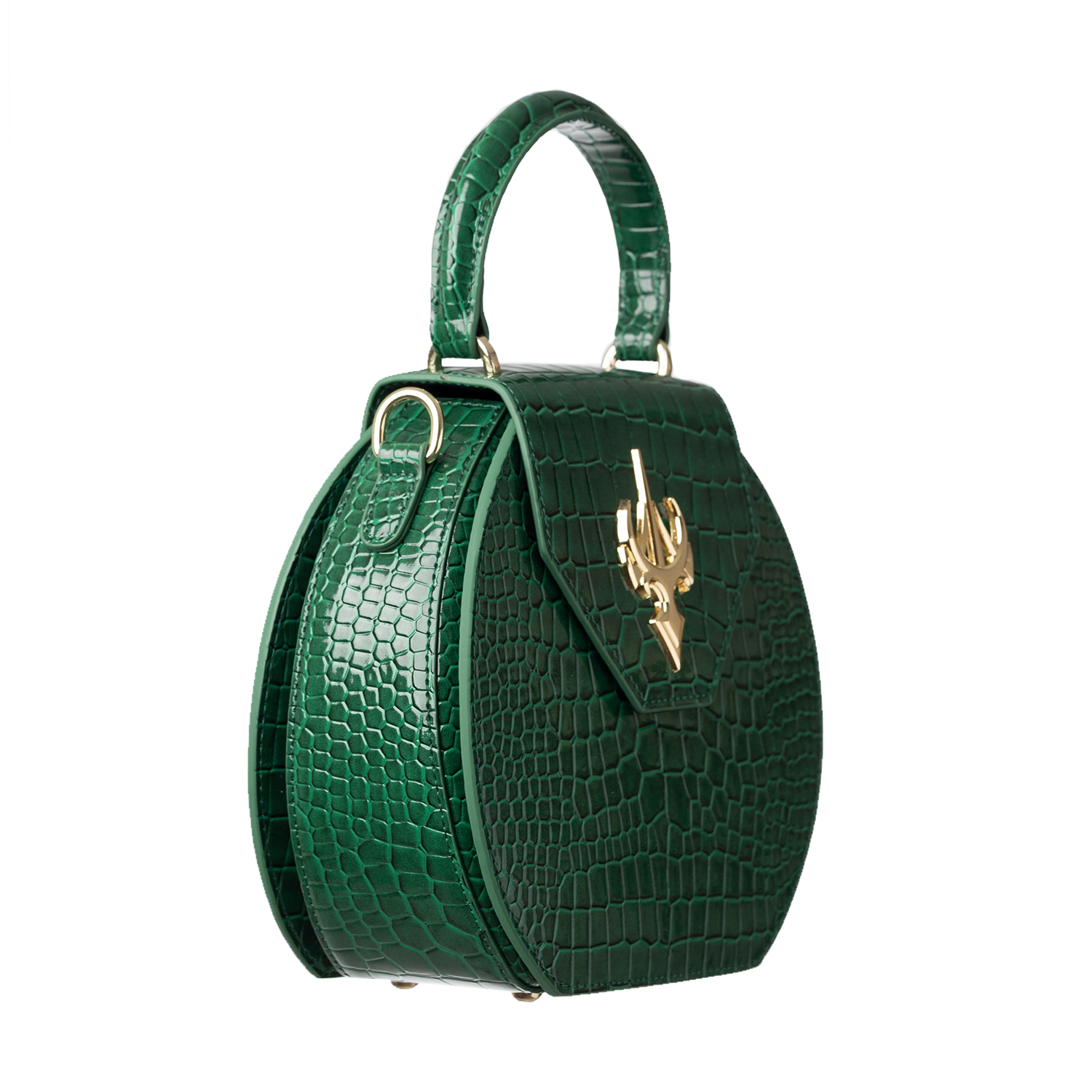 حقيبة كلاسيكية مستديرة من الجلد الأخضر بنقشة جلد التمساح