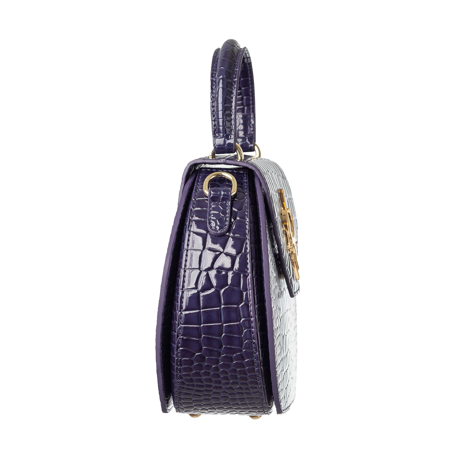 Round Classic Bag in Croc-Embossed Purple Leather