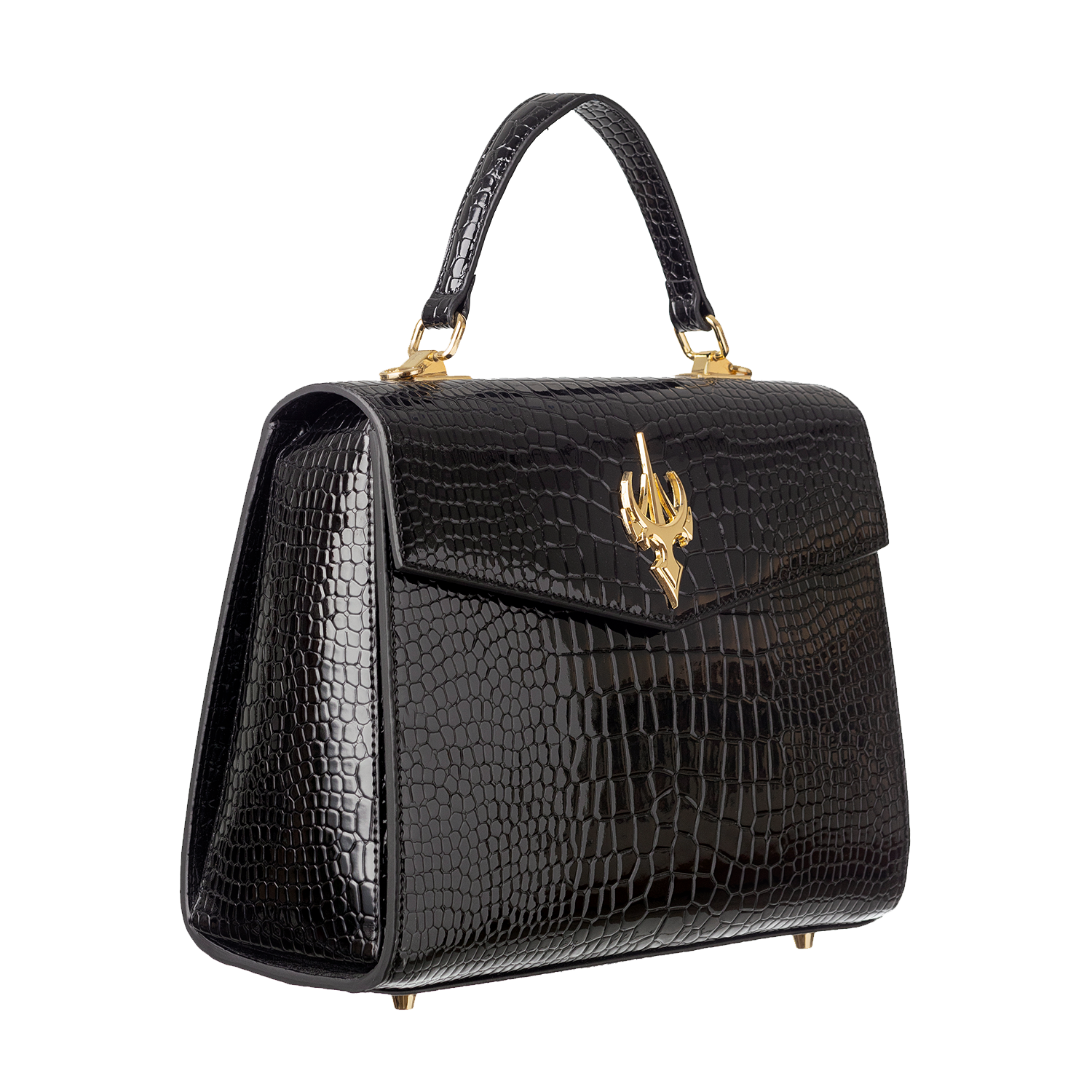 حقيبة كلاسيكية مستطيلة الشكل من الجلد الأسود بنقشة جلد التمساح