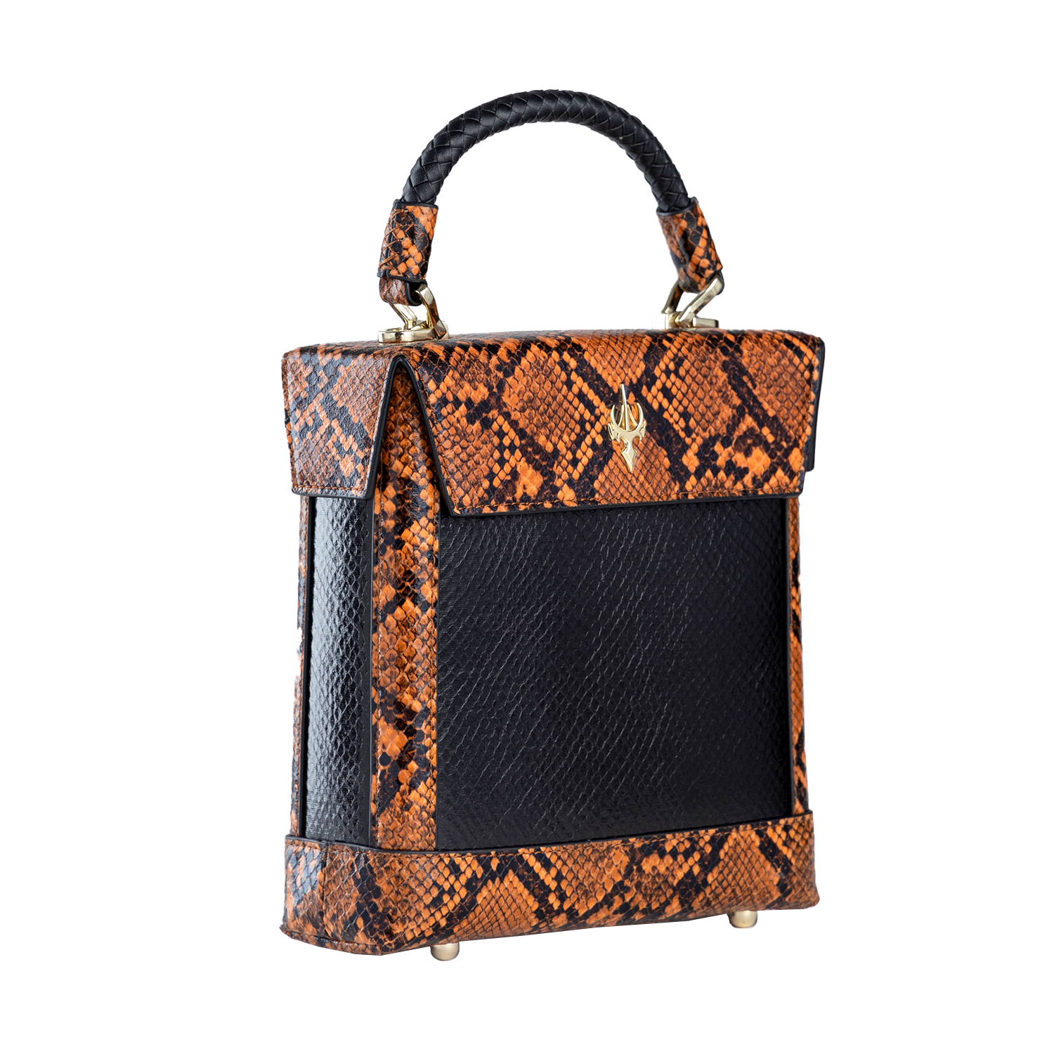 حقيبة بوكس من جلد الثعبان الأسود والبرتقالي