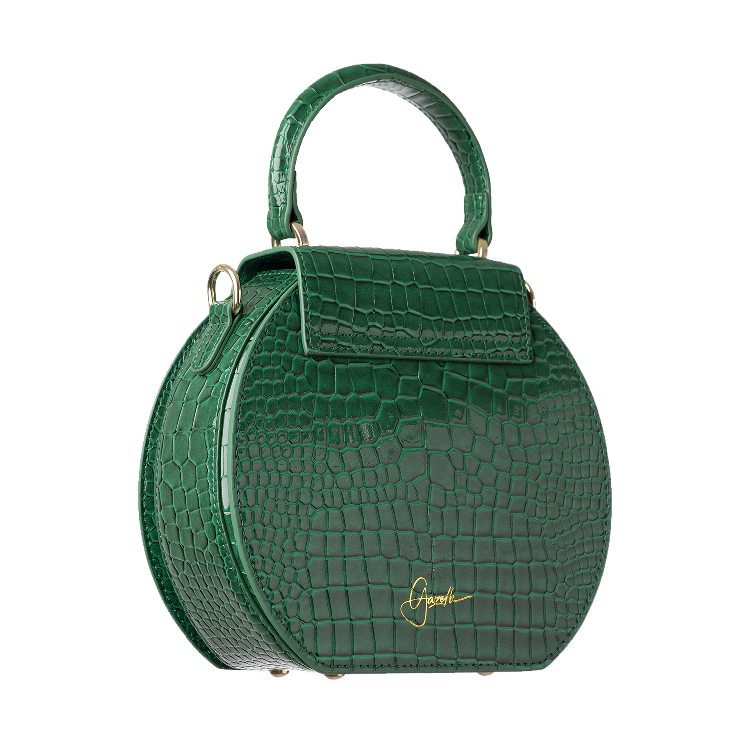 Round Classic Bag in Croc-Embossed Green Leather