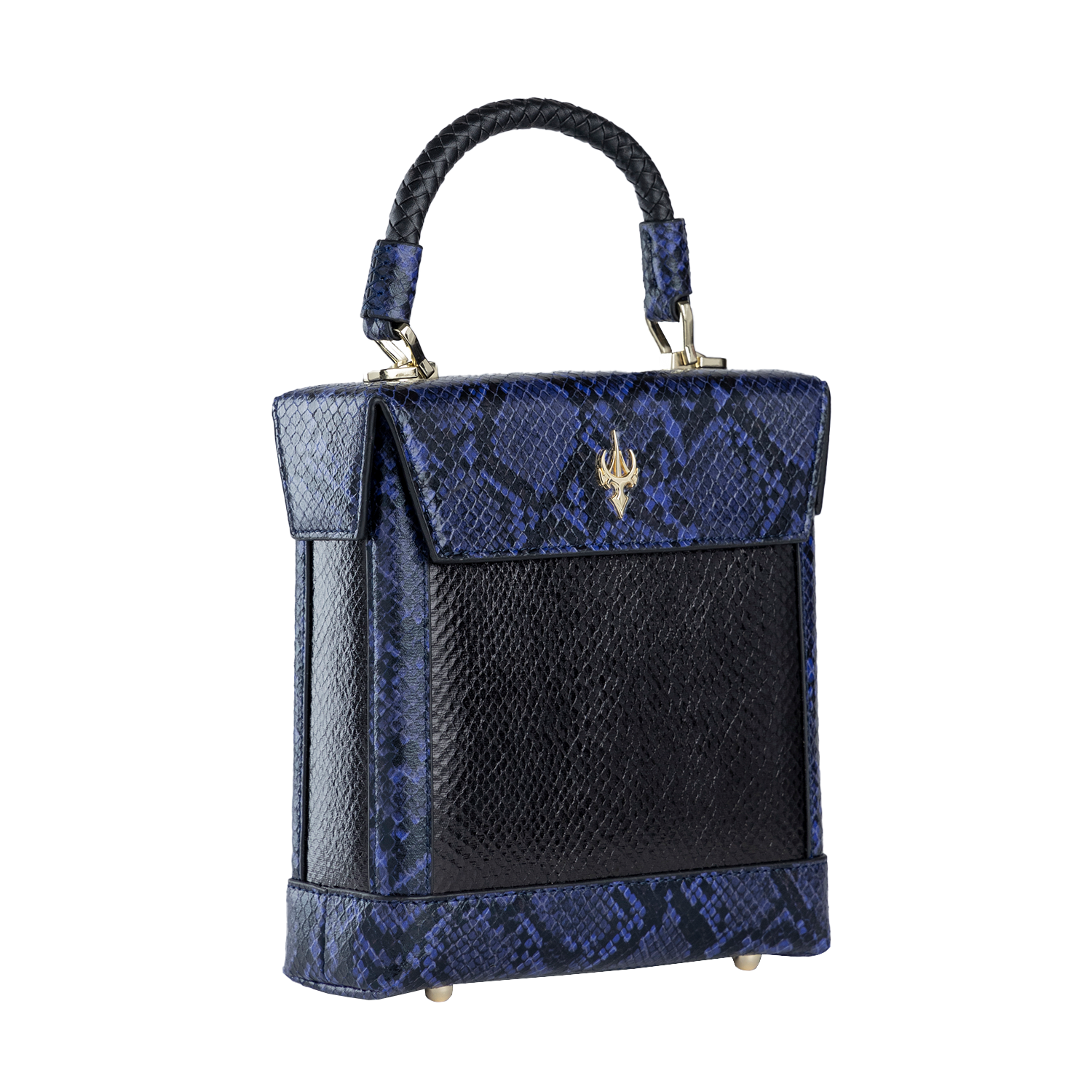 حقيبة بوكس من جلد الثعبان الأسود والأزرق الداكن