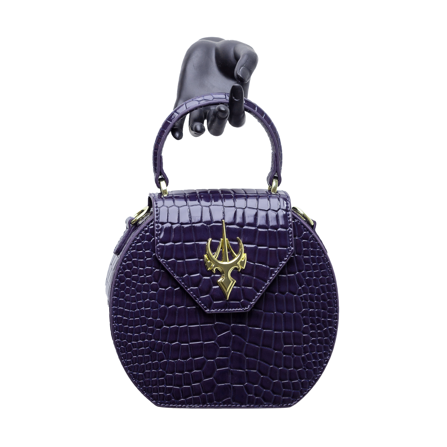 حقيبة كلاسيكية مستديرة من الجلد الأرجواني بنقشة جلد التمساح