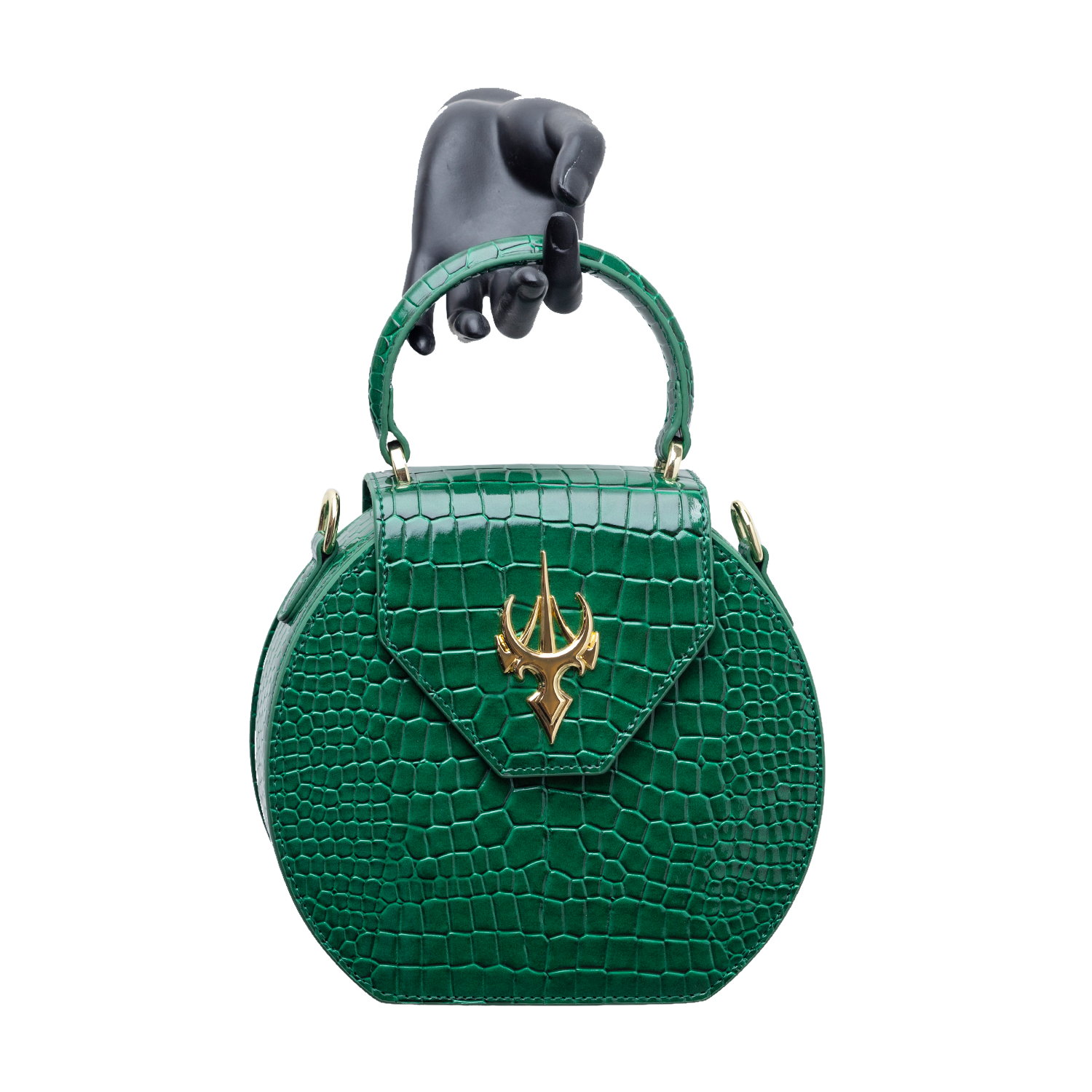 Round Classic Bag in Croc-Embossed Green Leather