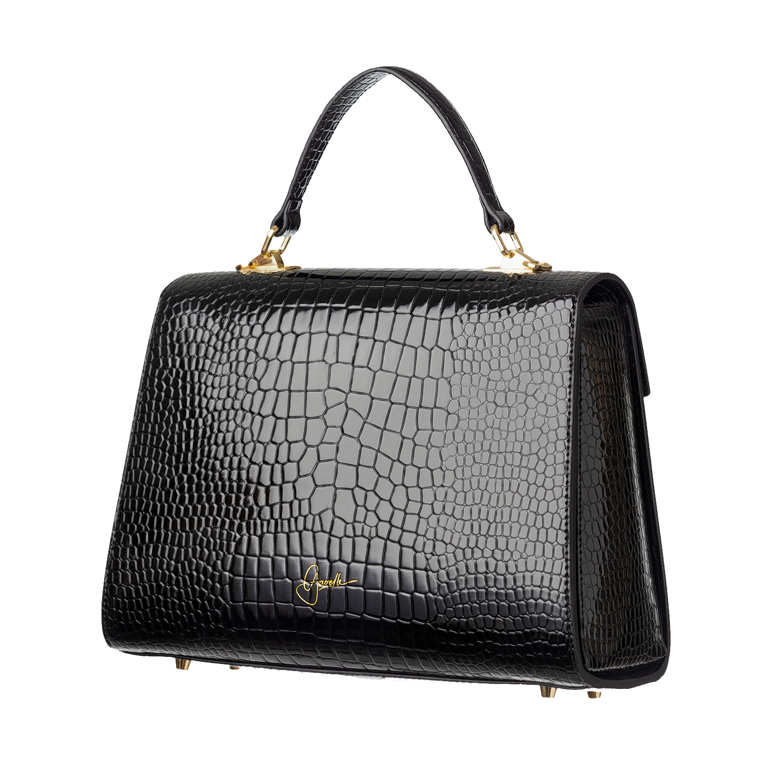 حقيبة كلاسيكية مستطيلة الشكل من الجلد الأسود بنقشة جلد التمساح