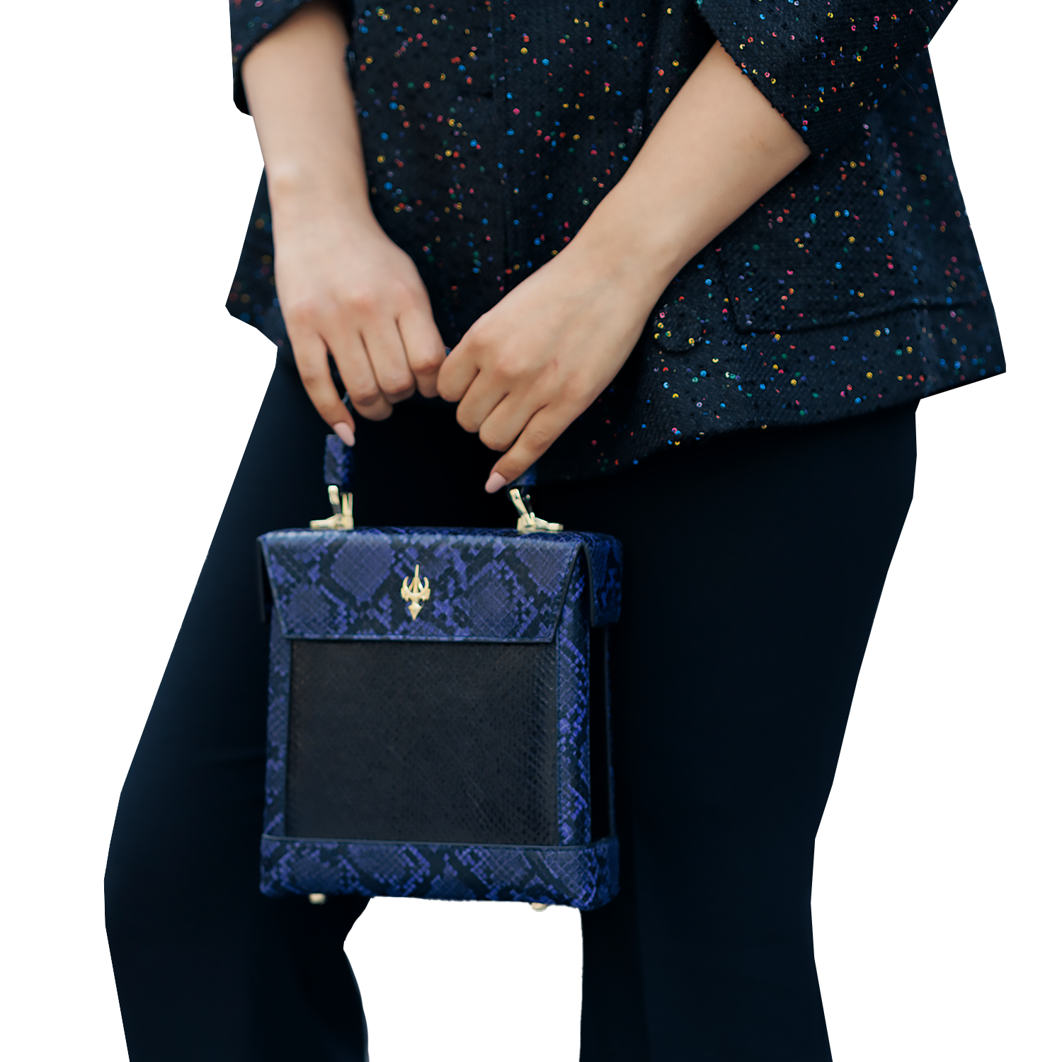 حقيبة بوكس من جلد الثعبان الأسود والأزرق الداكن