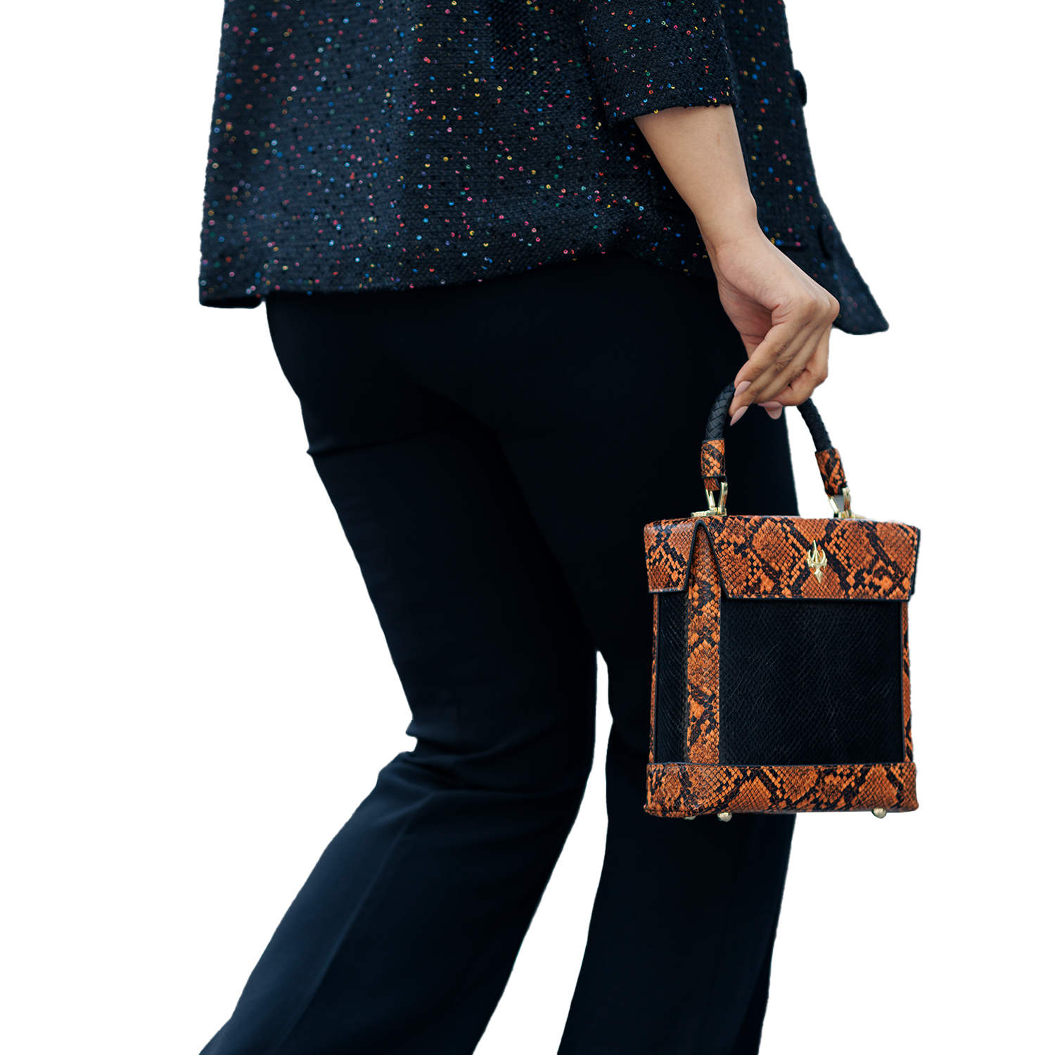 حقيبة بوكس من جلد الثعبان الأسود والبرتقالي