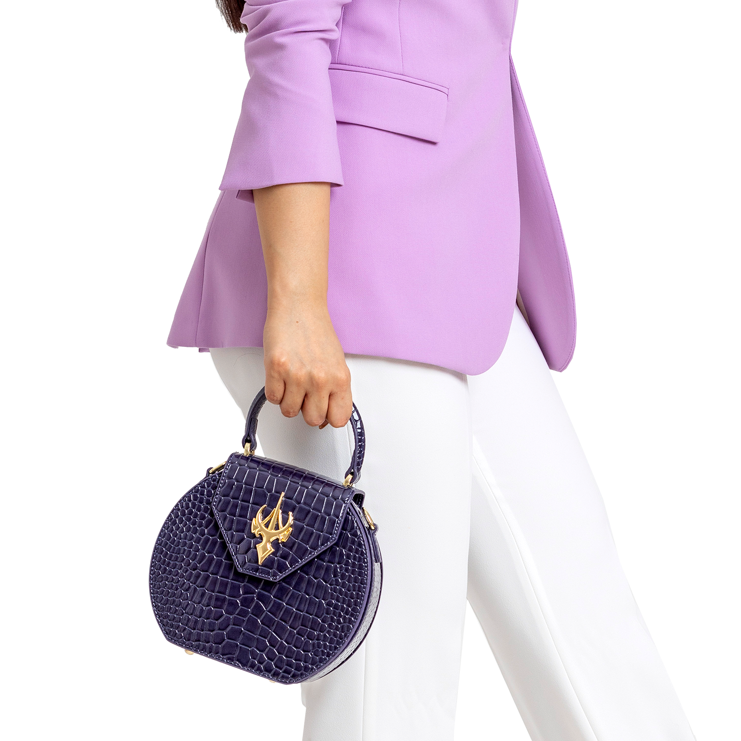 حقيبة كلاسيكية مستديرة من الجلد الأرجواني بنقشة جلد التمساح