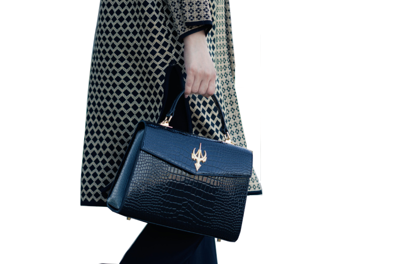 حقيبة كلاسيكية مستطيلة الشكل من الجلد الأسود بنقشة جلد التمساح